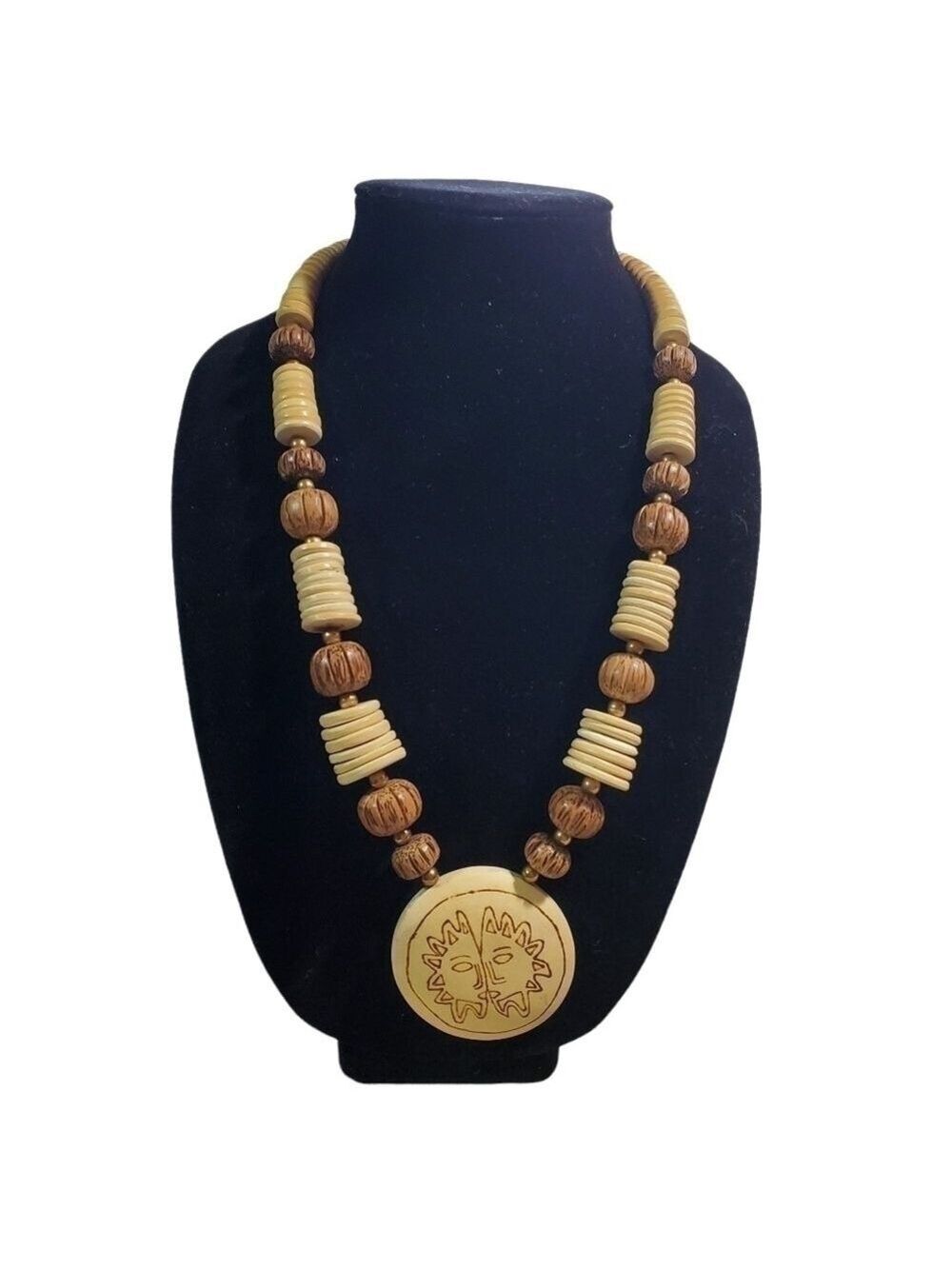 Chunky carved Wood bead burned wood Sun pendant Tribal boho natural Necklace